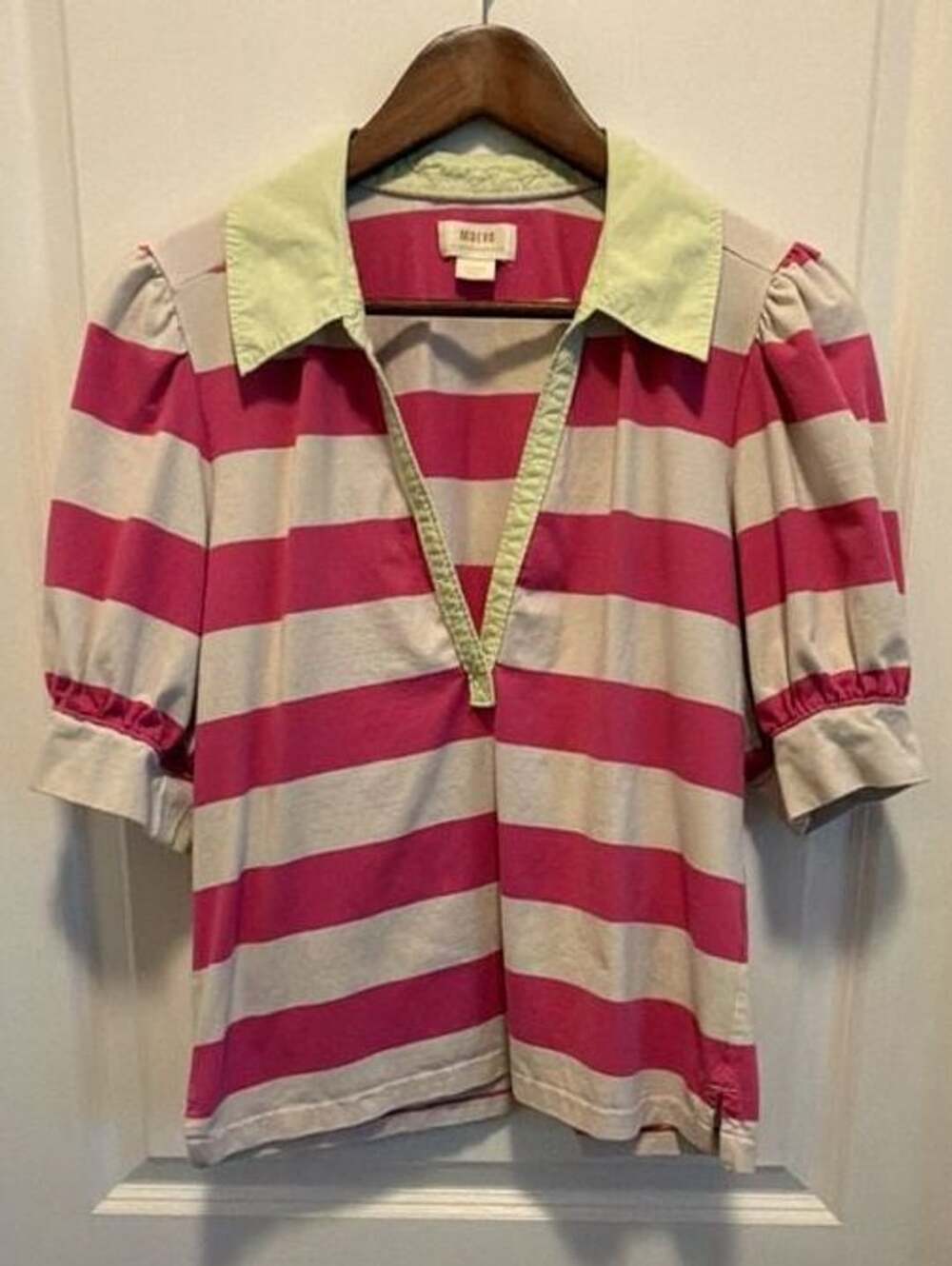 Maeve by Anthropologie Women's Large Pink Stripe Puff Sleeve Rugby Polo Top